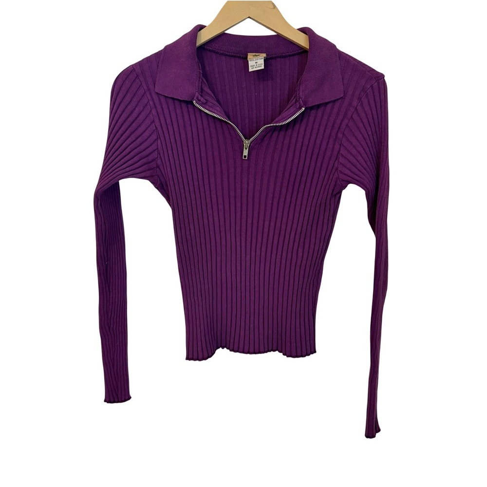 Vintage MGR Ribbed Knit Quarter Zip Long Sleeve Top size sm to md Cotton USA